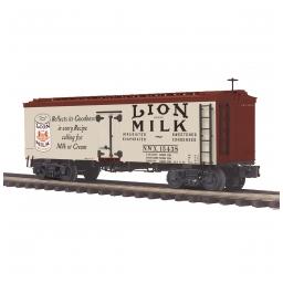 Click here to learn more about the M.T.H. Electric Trains O 36'' Woodsided Reef Car, Lion Milk #15738.